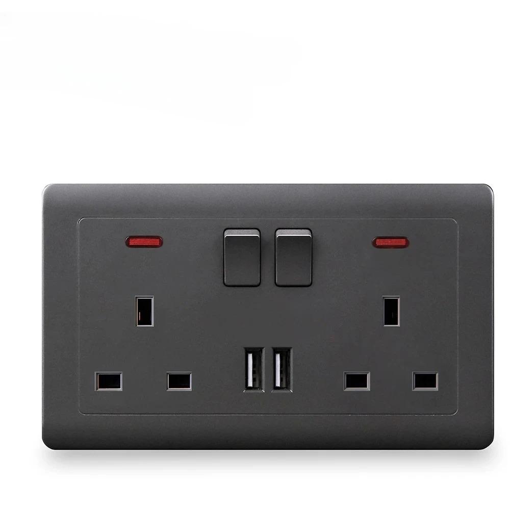 UK Electrical Socket 13A Dual USB Type-C 5V 2.1A Outlet with Switch Control Fast Charge Wall Power Socket 86x146mm