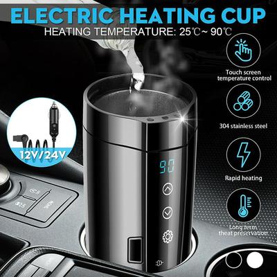Tasse à eau chauffante électrique en acier inoxydable, 400ml, 12/24V, 80W, pour véhicule de voyage et voiture, avec écran LCD, tasse à café