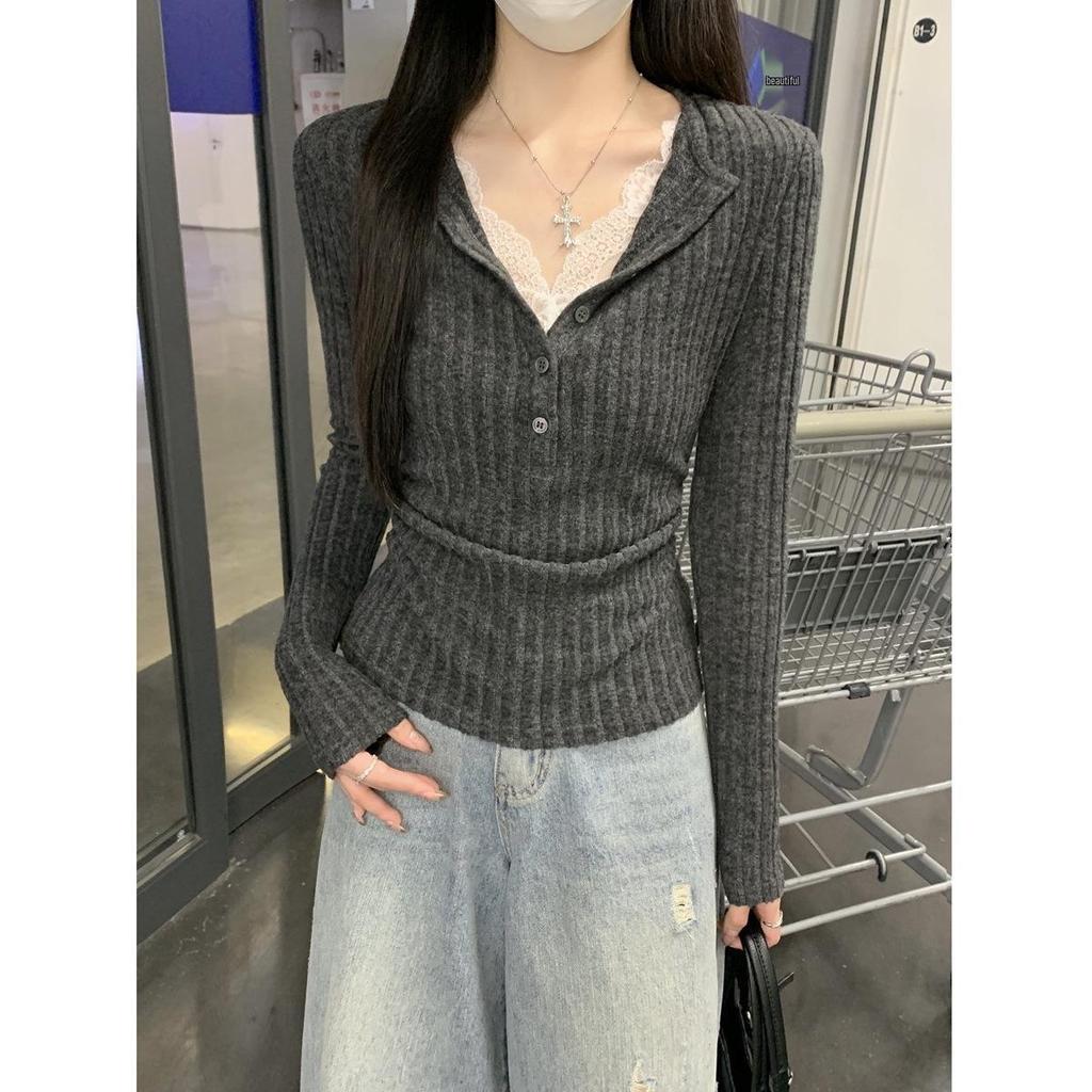 Gray Two-Piece Lace Knit Sweater for Women - Long-Sleeved Autumn Slim Base Layer Top