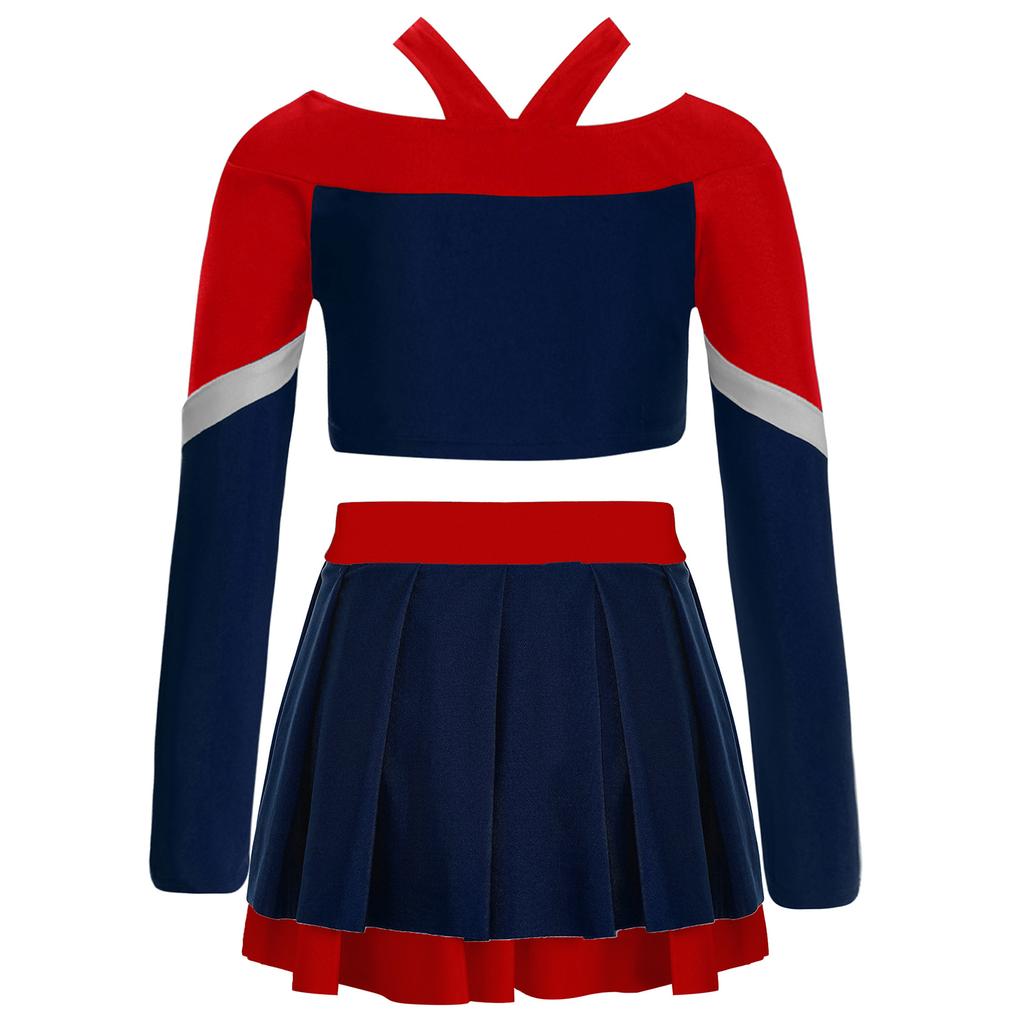 Girls Cheerleading Outfit Long Sleeve Letter Print Color Block Crop Top Pleated Skirt Set