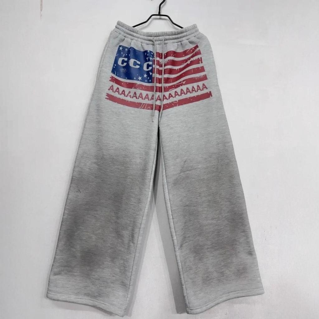 FlowStreet Y2K College American Hip-hop Goth Print Drawstring Wide Leg Sweatpants Loose 90s High Street Sports Trousers Floor Length Pants