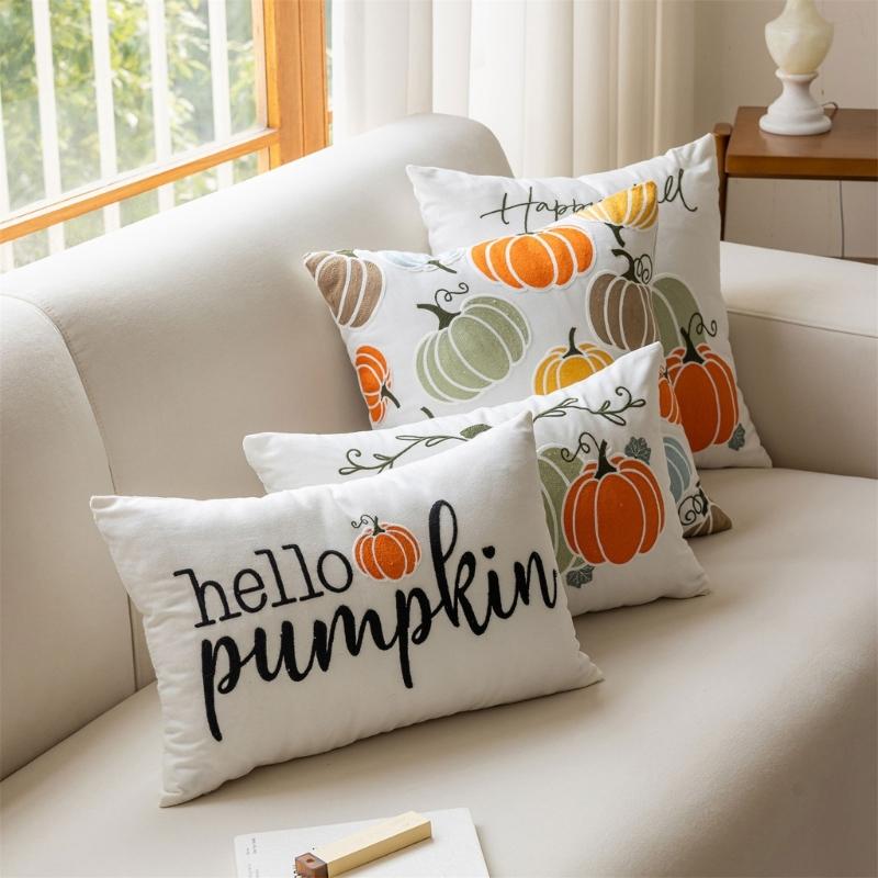 Cushion Cover Colorful Pumpkin Embroidery Cushion Case Throw Pillow Cover for Sofa and Bedroom Comfort, Poly Cotton