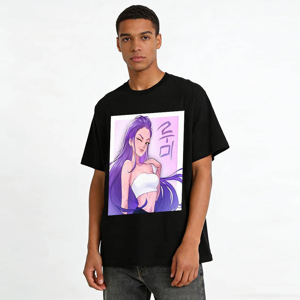 Cyber Style Purple Hair Girl Print Top Trendy Korean Cool Casual Loose Crew Neck Short Sleeve T-Shirt Pure Cotton T-shirt