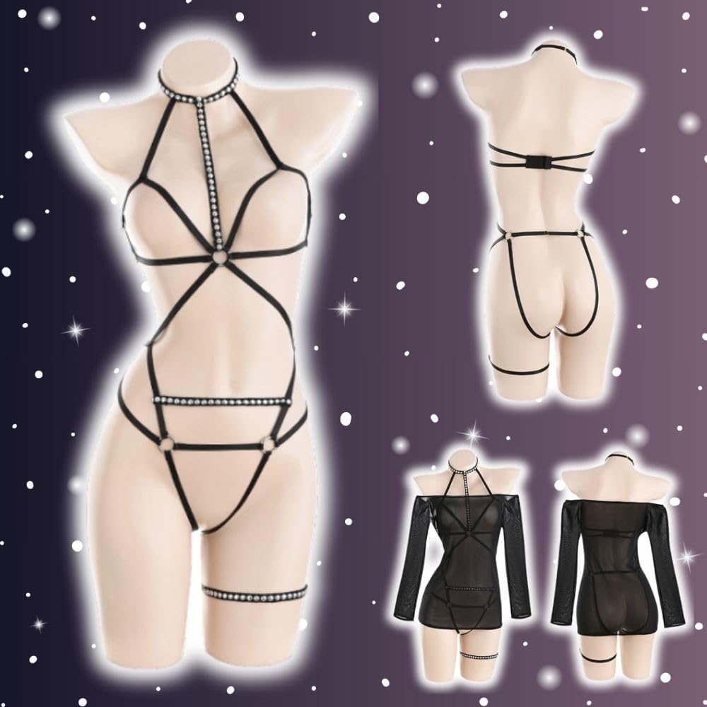 Sexy Cosplay Harness Extreme Bondage Soft SM Large Size Lingerie Erotic Chubby Black Sheer Temptation Queen Bondage Stockings Open Crotch [MORApink]