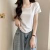 Square Collar Short-sleeved T-shirt Women's Summer New Design Sense Thin Irregular Solid Color Fishbone Short Top