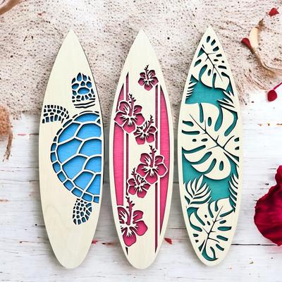 Lot de 3 Décorations Murales Planches de Surf Tropicales – Décoration Océanique en Bois avec Tortue, Fleur & Monstera, Décoration Murale Style Plage d'Été pour la Maison