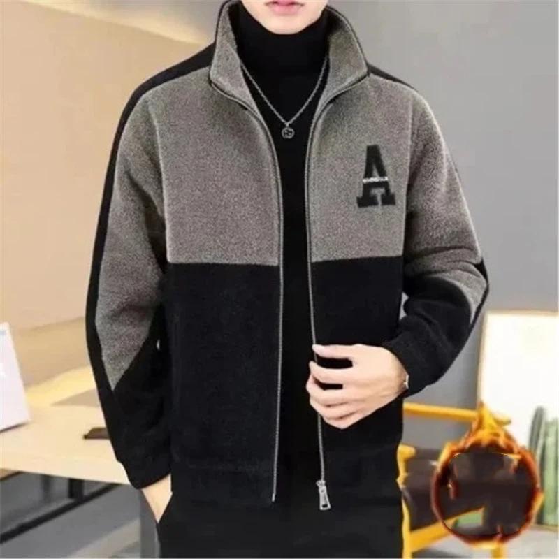 

Men s Winter Stand Collar Fleece Jacket Color Block Warm Thickened Zip Up Coat XXXL хакі