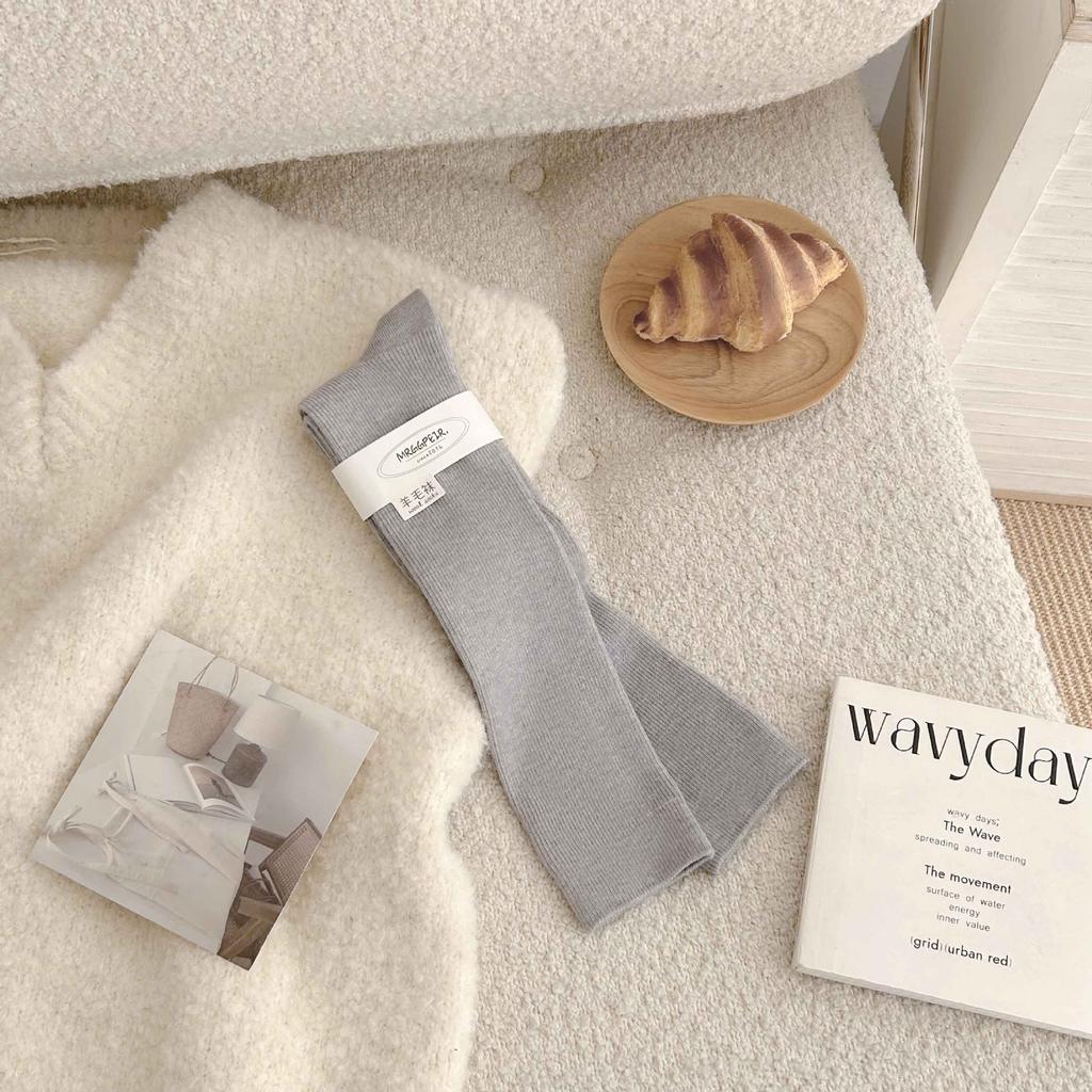 Solid Color Wool Calf Socks Warm Socks Thin Strip Coffee-Colored Long Tube Thickened Soft Waxy And Thin Stacking Socks