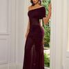New French Mesh See-through Slanted Shoulder Dress, European and American Sexy Off-the-shoulder Pleated Slim-fitting Hip-wrapped Dress