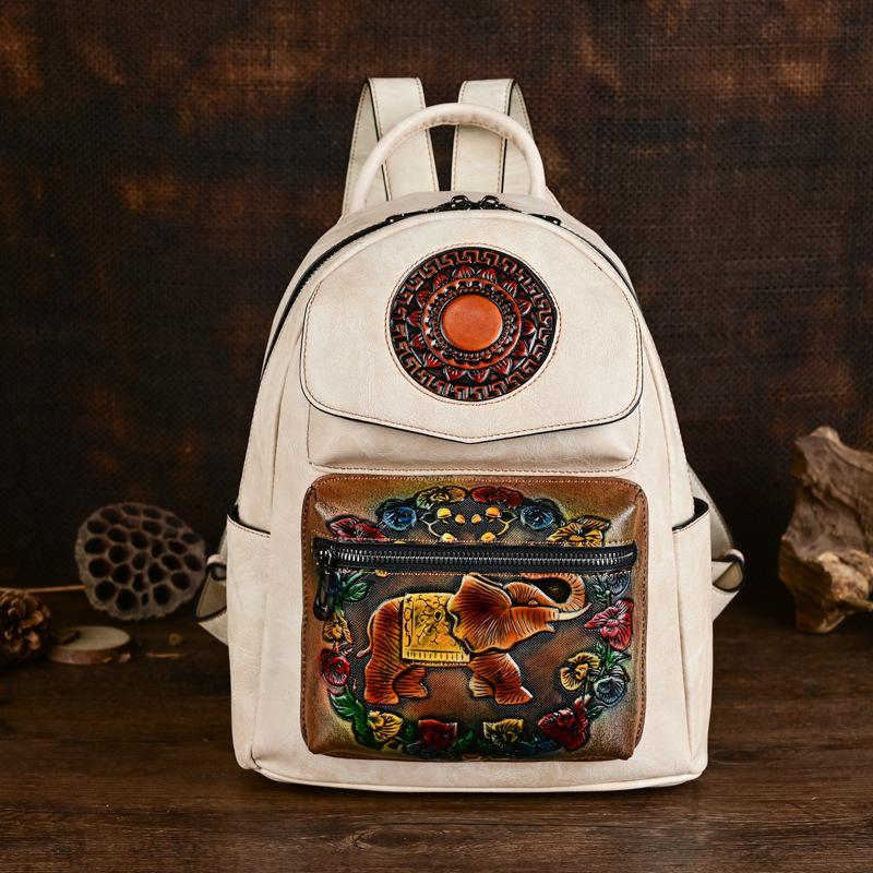 Johnature Mochila de couro feminina retrô com estampa de elefante, estampa de grande capacidade, bolsas de viagem para lazer