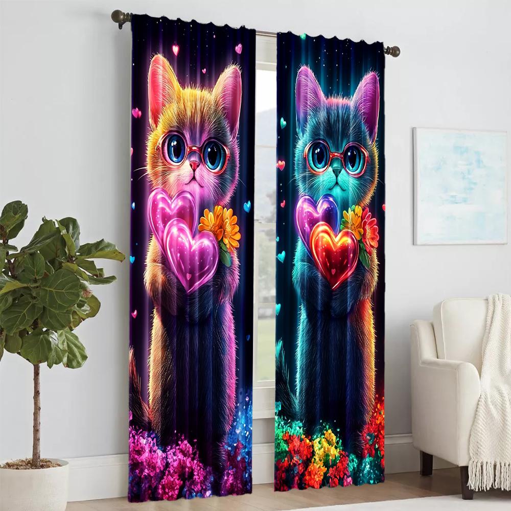 Set Of 2 Colorful Dream Cat Printed Window Curtain Treatment Bedroom Office Kitchen Living Room Study Home For Sitting Made Polyester With Rod Pocket