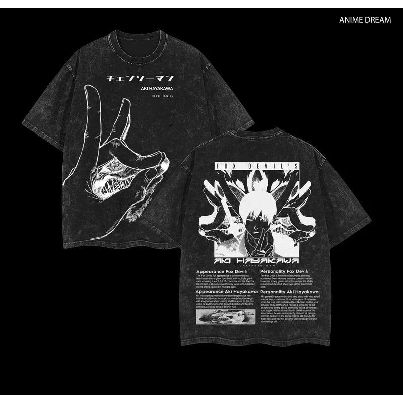 Manga Chainsaw Man Graphic T-Shirt Hayakawa Aki Print Vintage Washed T-shirt Cotton Oversized Tee Streetwear For Men's Clothing