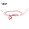 Soft Multi Strand Rope Bracelet Breast Cancer Awareness for Women, Adjustable Woven String with Heart Butterfly Alloy Pendants Ribbon Charm, Handmade