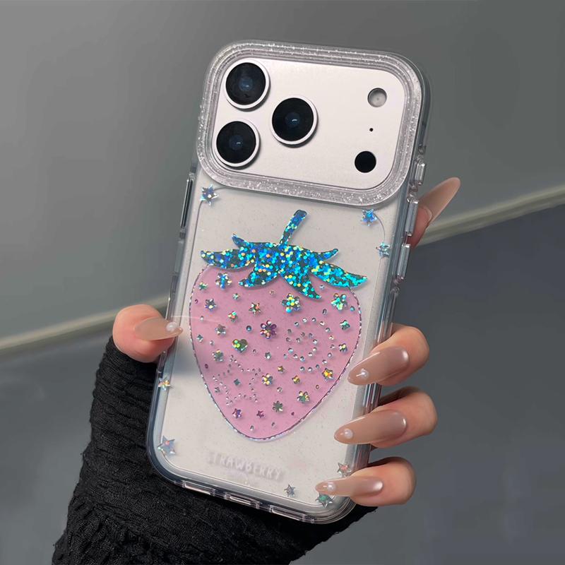 Glitter Shiny Pink Strawberry Hard Back Case For iPhone 13 14 15 16 17 Pro Max Ins Bling Stars Shockproof Phone Cover