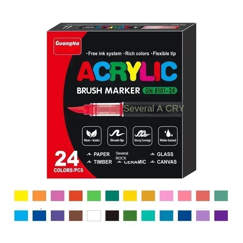 GUANGNA 168-12 Colors Acrylic Marker Pen for Rock Painting Brush Tip Paint Marker Christmas Markers Waterproof Art Supplies