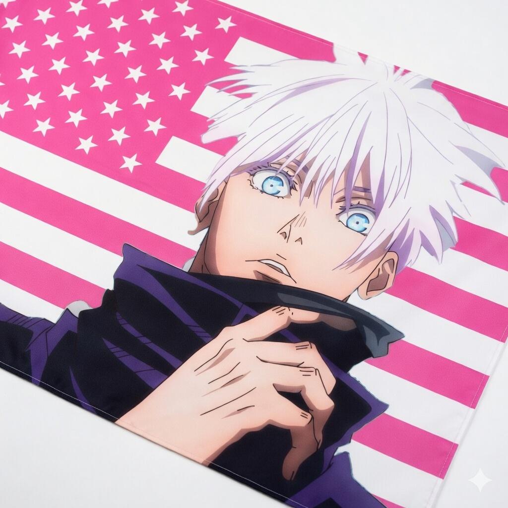 Pink Us Flag Style White Hair Anime Boy Tapestry Flat Print Wall Hanging Aesthetic Room Decor For Dorm Bedroom Living Room