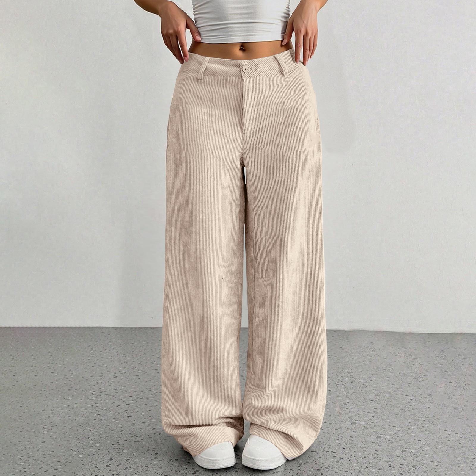 

Corduroy Pants For Women Casual Elastic Waist Straight Leg Pants Loose Comfy Trousers With Pockets L бежевый