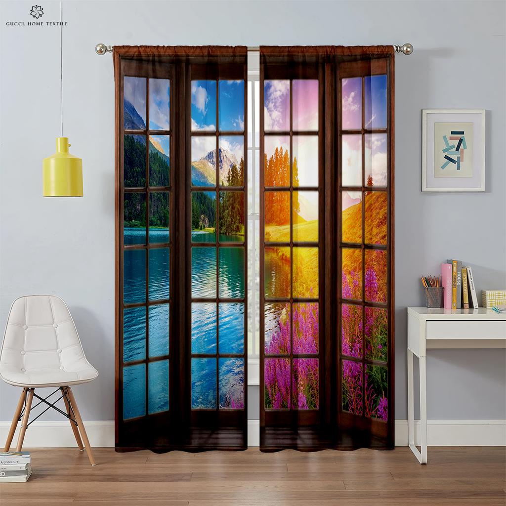 3D Printed Curtains for Window Scenery, Simulation, Modern, Decorative, Bedroom, Living Room, Study, 2Pcs