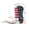 Women's Cowboy Western Boots USA Flag Ankle Booties Denim Studded Rivets Embroidery Stars Stripes Heeled Shoes 2024 New Footwear