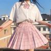 Lemon Sea Salt Plaid School Uniform: Short Sleeve Top & Midi Skirt Set