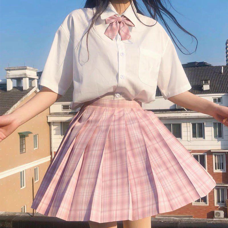 Lemon Sea Salt Plaid School Uniform: Short Sleeve Top & Midi Skirt Set