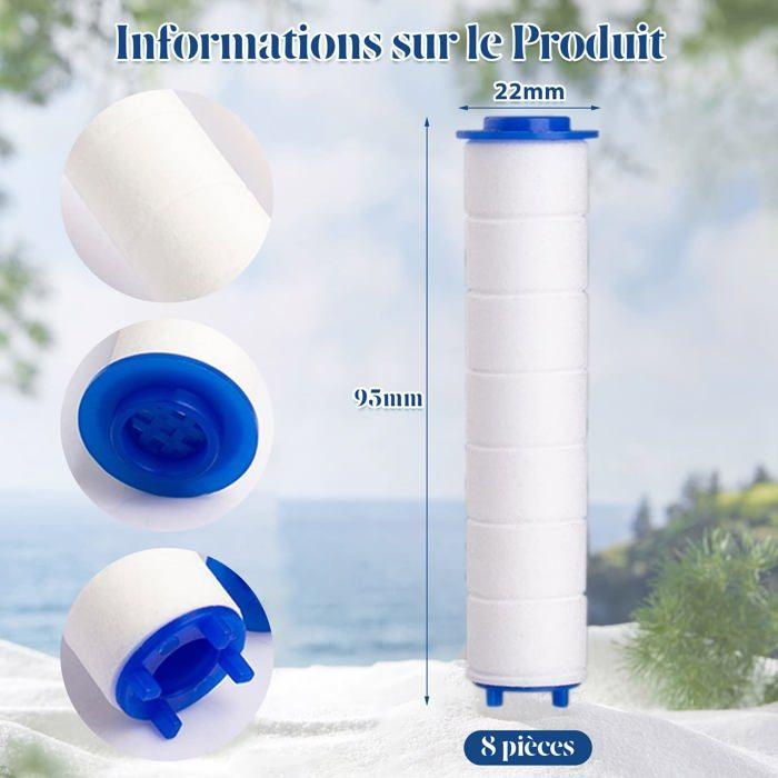 Pack 8 filtres pour pommeau de douche 95 mm – filtre coton PP anti-calcaire et déchloration, bleu
