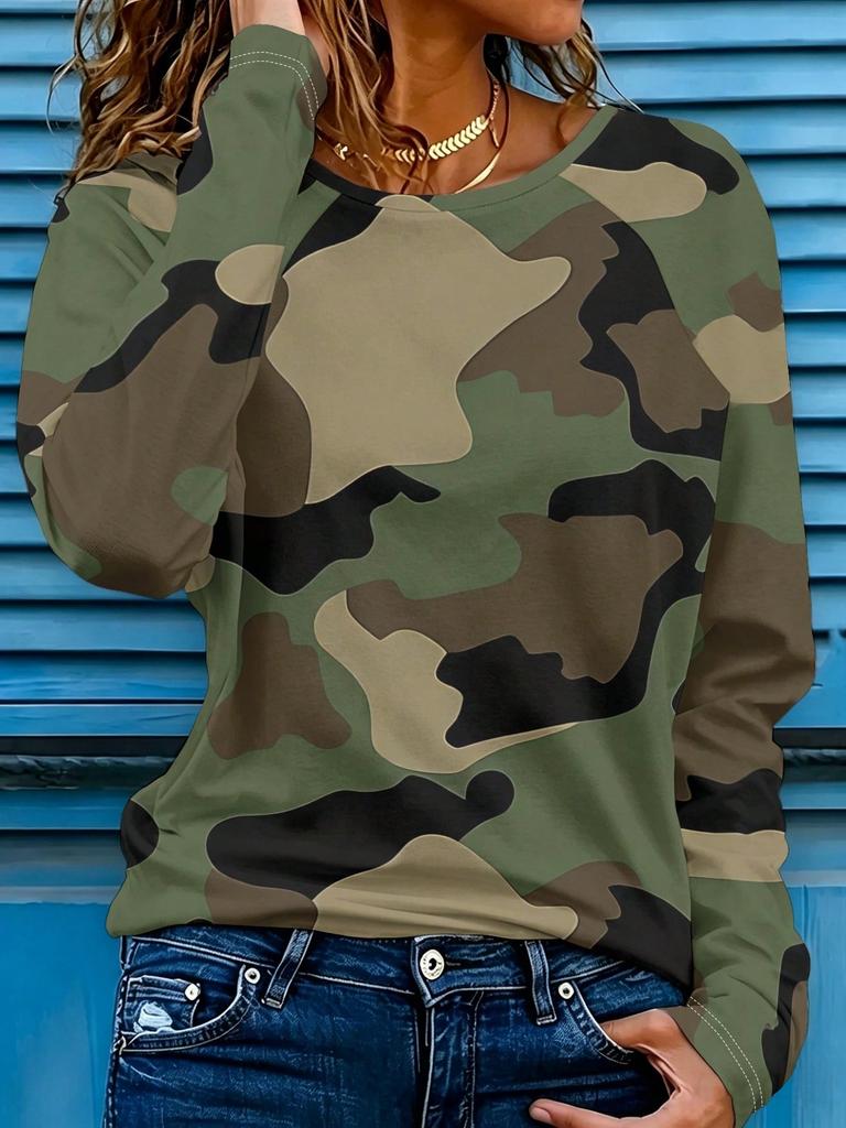 Fall Tops Women's Casual Long-Sleeve T-Shirt In Classic Camouflage, Featuring Interlocking Green, Brown, Black, And Khaki Color Blocks For A Pseudo-Ca