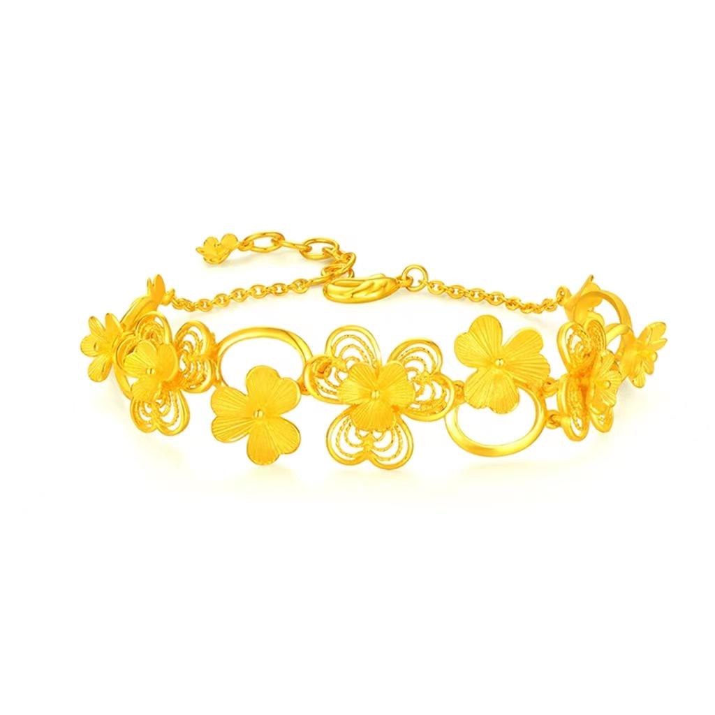 Messing Vergoldet Glücksklee & Doppelherz Damen Armband