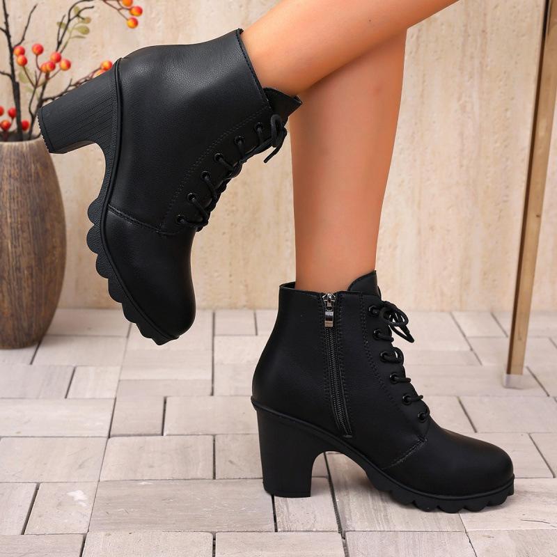 Autumn and winter new European and American plus-size booties, high heels, round toe, lace-ups, thick-heeled Martin boots