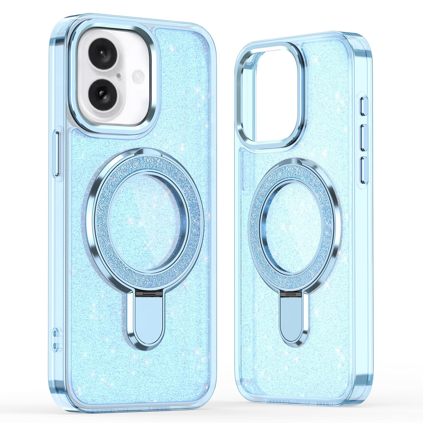 

For iPhone 16 Case Glitter Design TPU+PC Kickstand Phone Protector Blue