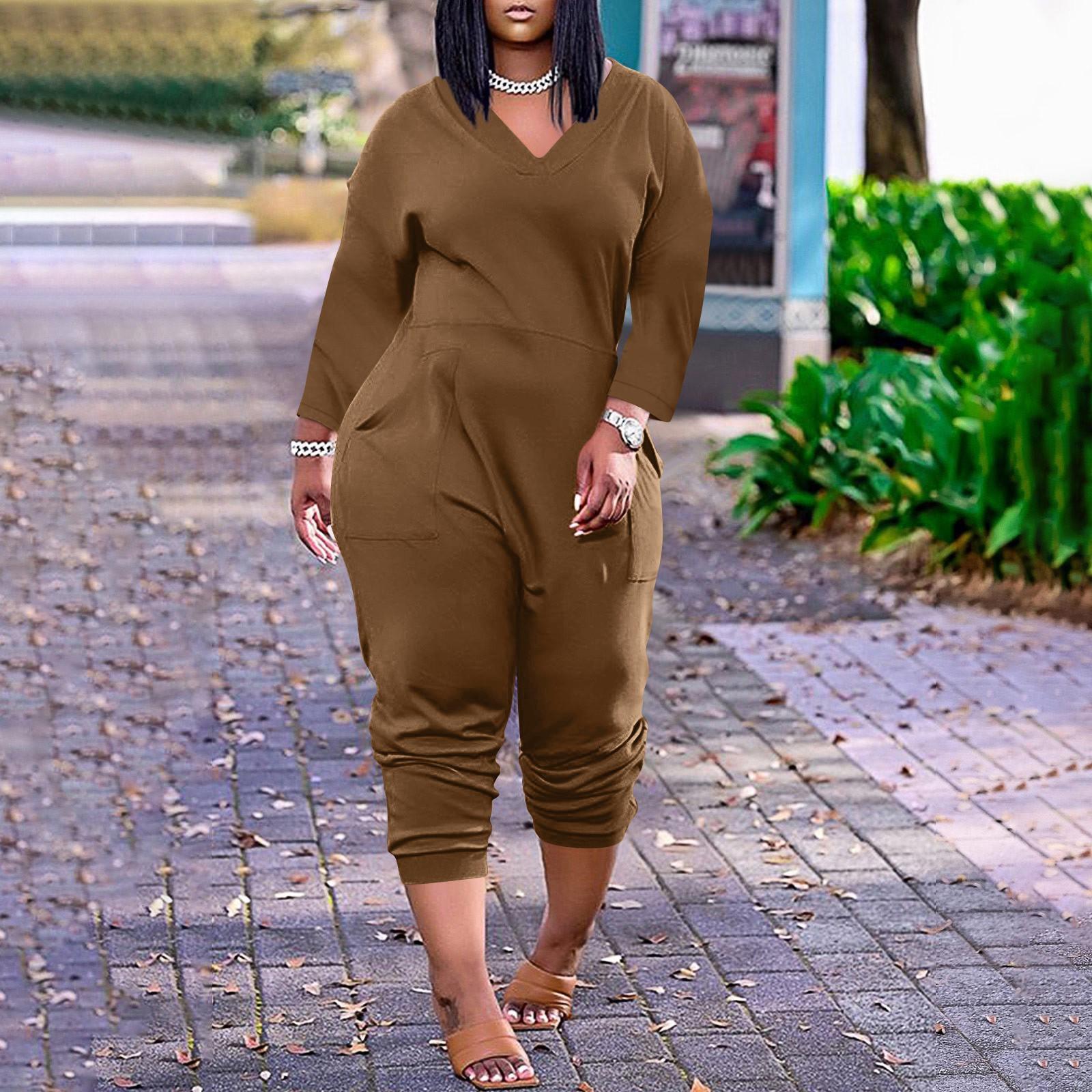 

Женский свободный повседневный однотонный комбинезон с длинными рукавами и v-образным вырезом большого размера XXL коричневый