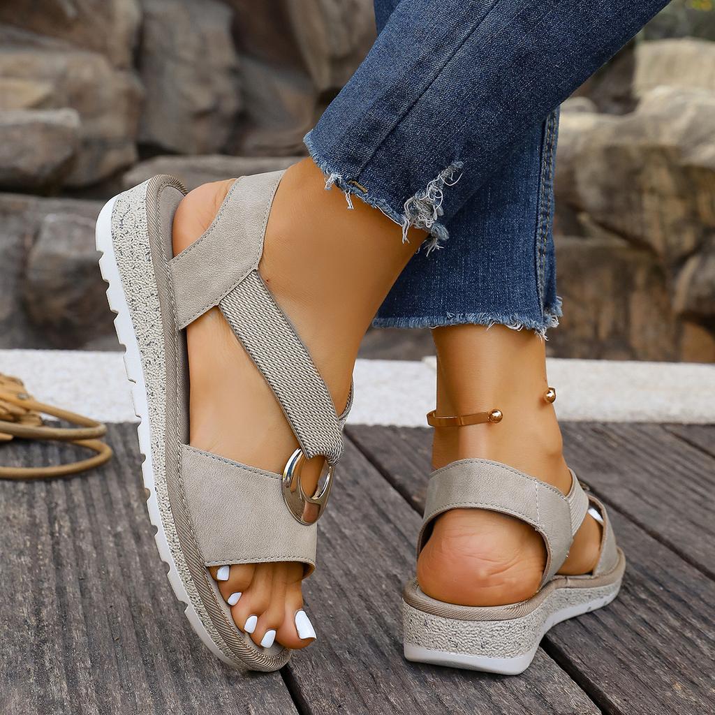Large-sized Women's Slippers, Metal Buckle Decorated Hemp Rope Wedge Heel Fish-mouth Sandals for Women