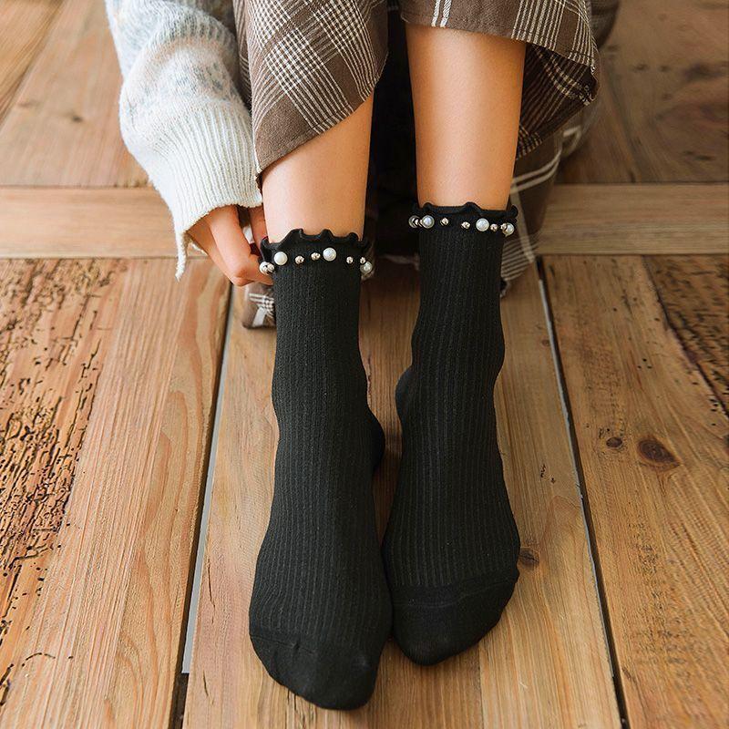 Children's pearl thin medium tube Japanese lace new ins curling socks fungus edge fashion cotton socks black