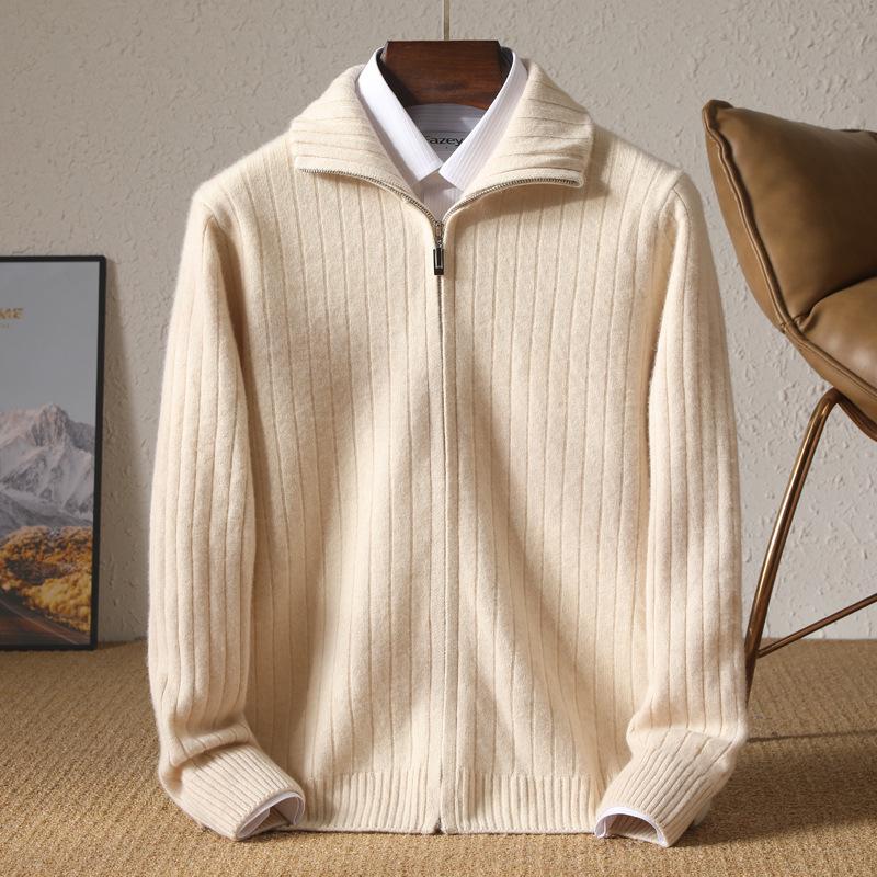 

Men’s 100% Pure Wool Lapel Full-Zip Cardigan Sweater - Thickened for Autumn/Winter XXL