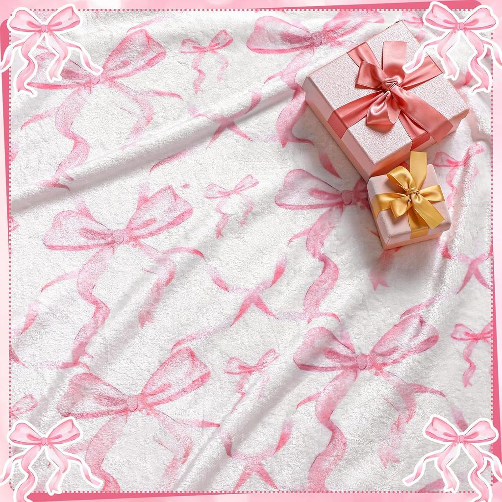 Watercolor Pink Bow Flannel Throw Blanket Aesthetic Coquette Ribbon Pattern Soft Lightweight Sofa Blanket
