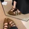 Sapatos Mary Jane de bico fino retrô sapatos de salto único femininos rebites fivela de cinto camurça modelos de outono aumento de altura interna 2025 sapatos de salto único de sola plana