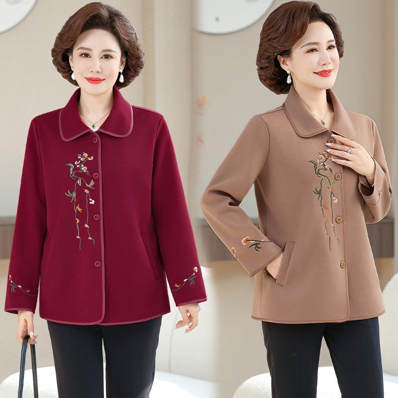 Elegant Embroidered Wool Coat for Middle-aged Women – Short Spring & Autumn Style