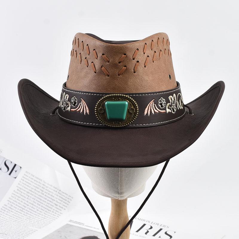 Unisex 100% Leather Western Cowboy Hat Vintage Gentleman Jazz Hats For Men Panama Cowgirl Hat
