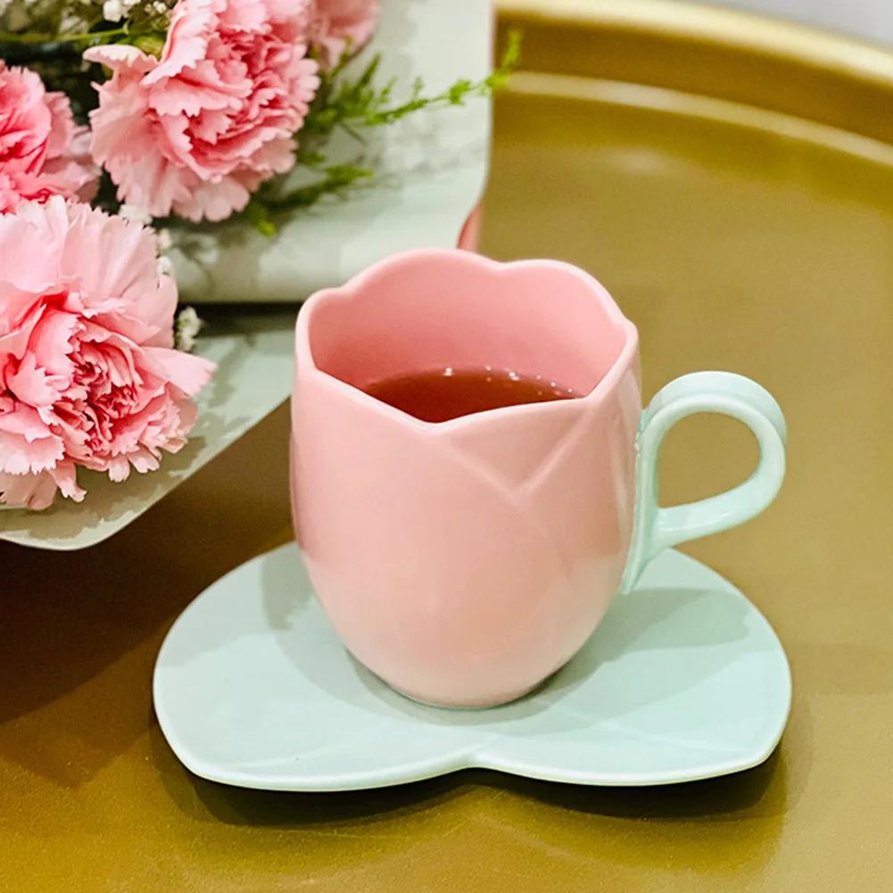Lovely Tulip Drinking Cup with Saucer Ceramic Tulip Shaped Teacup Creative Vintage Mug Home Afternoon Tea Cappuccino Tableware
