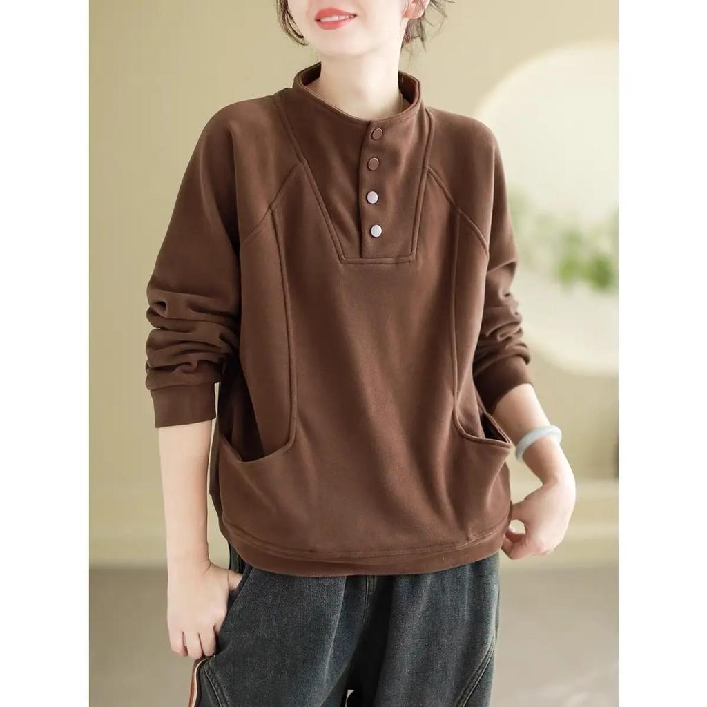 Warm Thermal Sweatshirt Women's Loose Cover-up Design Button Half High Collar Velvet Polyester Full Sleeve Casual Top
