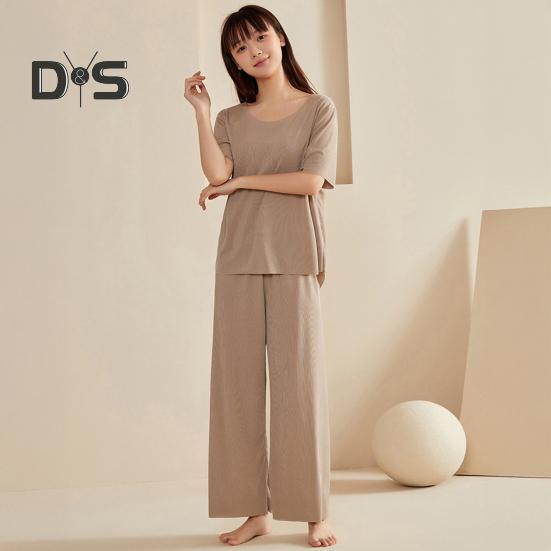 Women's Ice Silk Pajamas Set Short Sleeved Top Wide Leg Pants Sleepwear Set Summer Ultra Thin Two Piece Lounge Nightwear