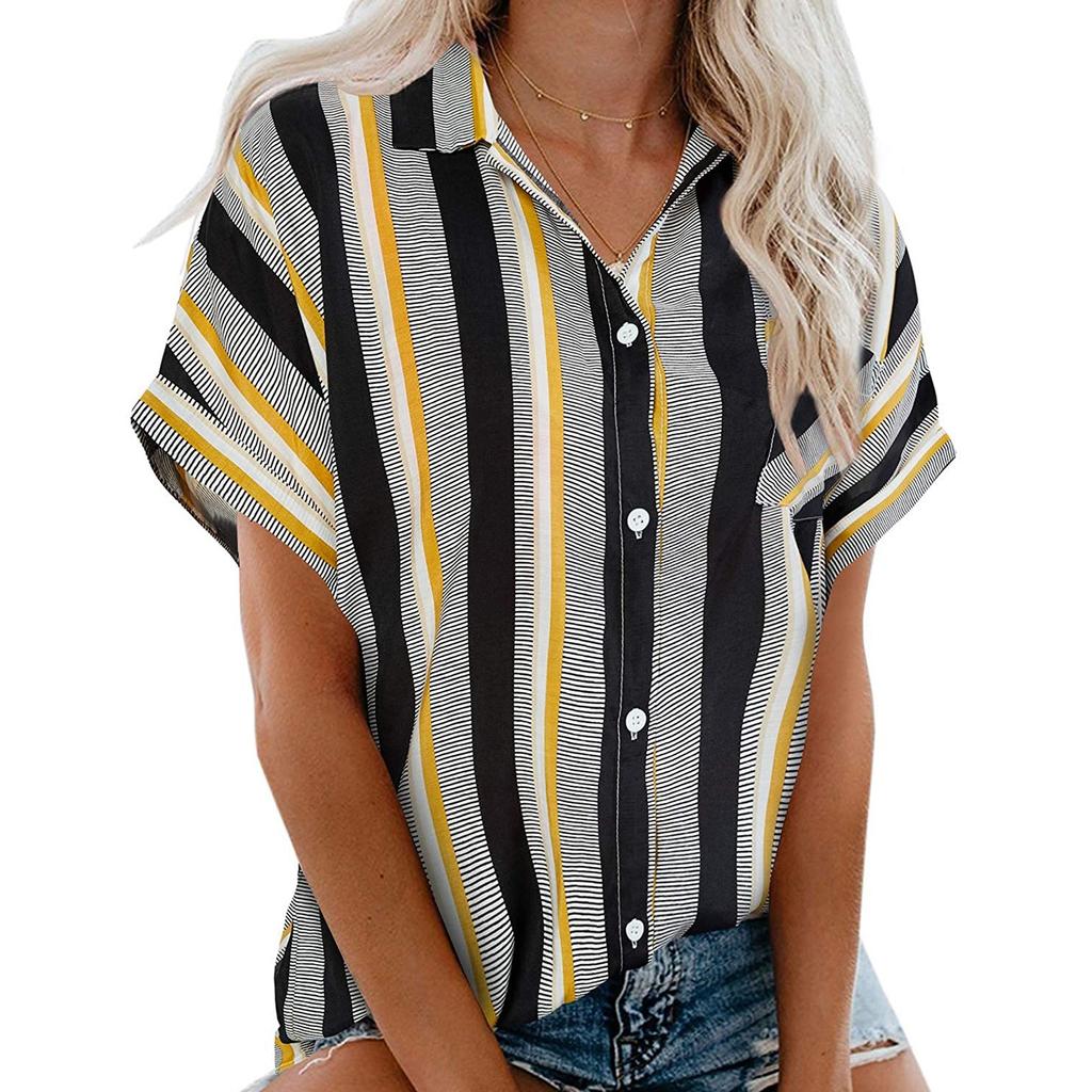 Women Casual Stripe Print V-neck Pocket Short  Sleeve Tops Blouse T-shirt