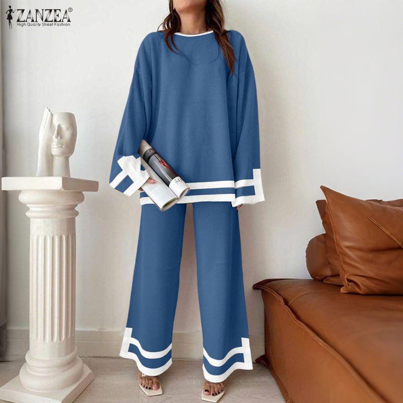 ZANZEA 2PCS Women Long Sleeve Blouse and Pants Stitching Casual Two Piece Suit Sets