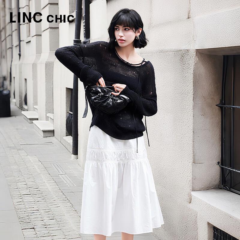 Jinyujie 2025 Spring Women's Sheer Hollow-Out Knit Long Sleeve Top