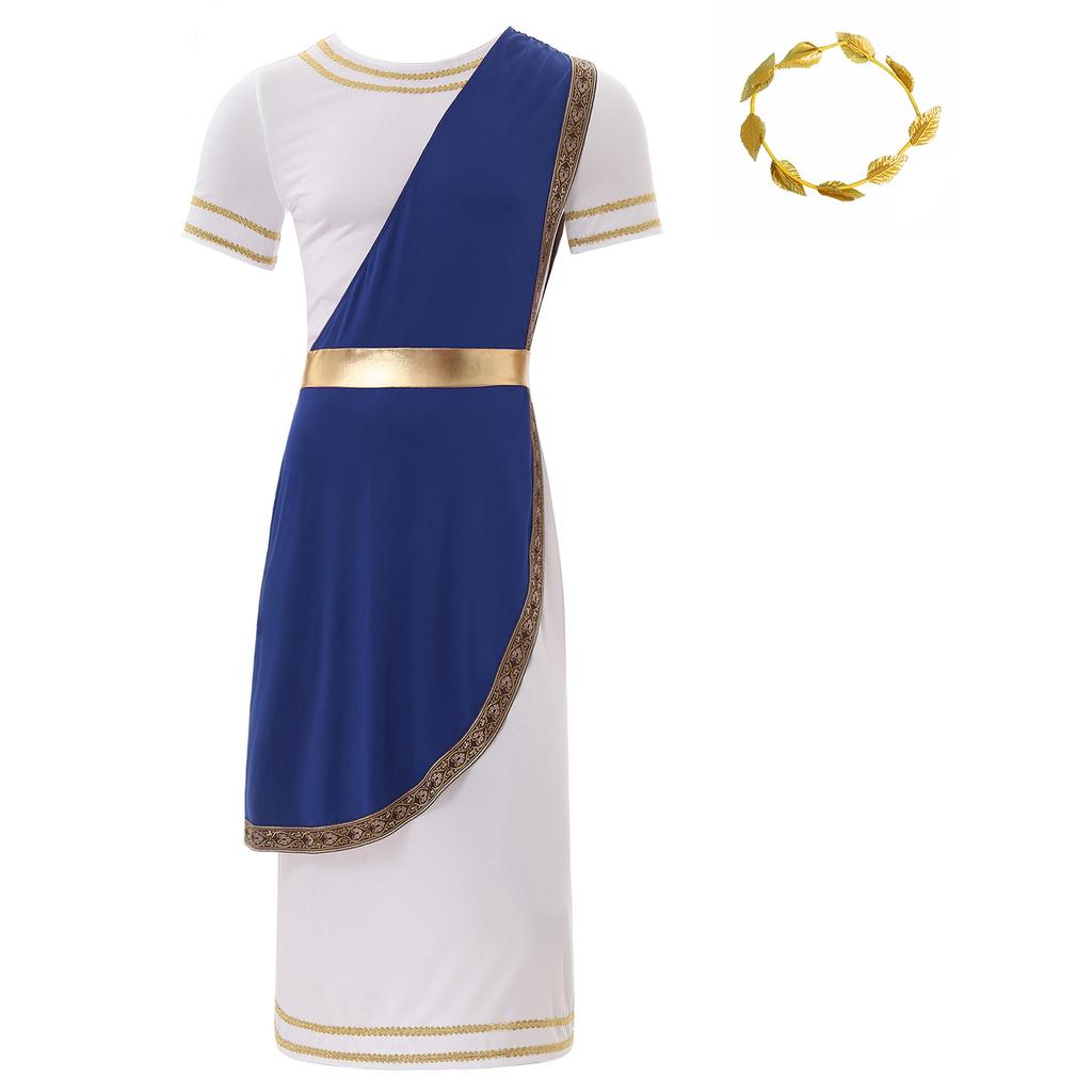 Mens Ancient Greek Toga Costume Short Sleeve Retro Gold Trim Roman Robe Headband Cosplay