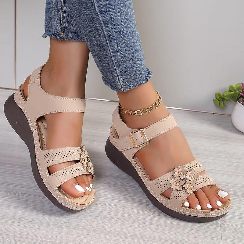 Lucyever Sandali Zeppa da Donna con Fibbia alla Caviglia Estate Fiori Vintage Sandali con Plateau da Donna Fondo Morbido Antiscivolo Sandalias Casual