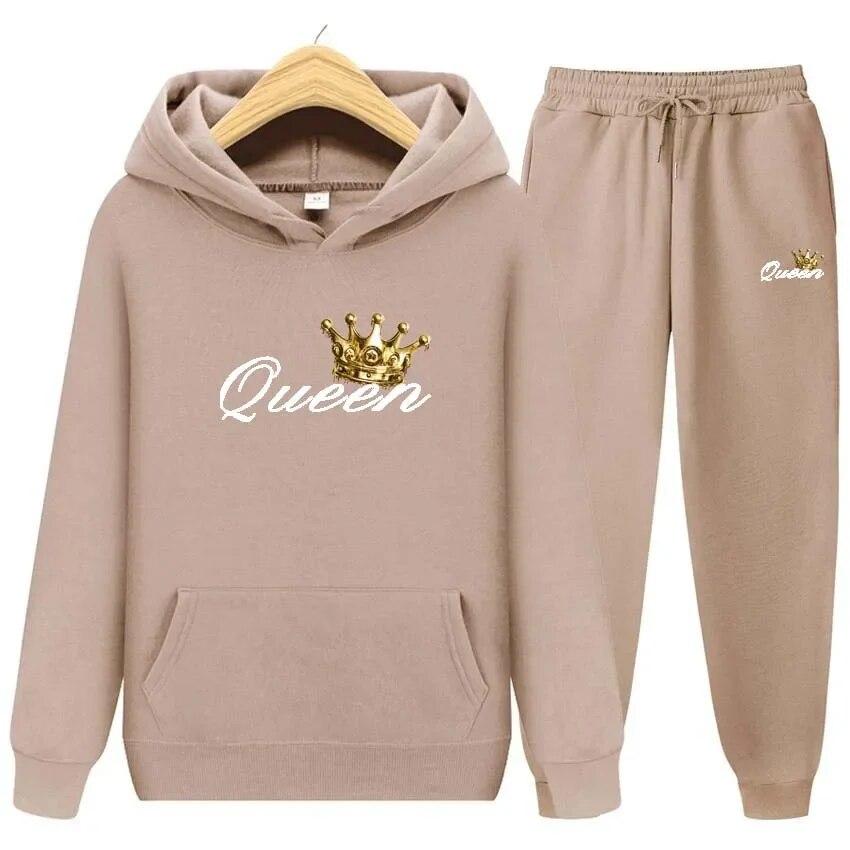 Queen Printing Autumn Winter Hoodies+Pants Two Piece Set  Womens Hoodies Tracksuits Jogger Pants thick Warm Clothes