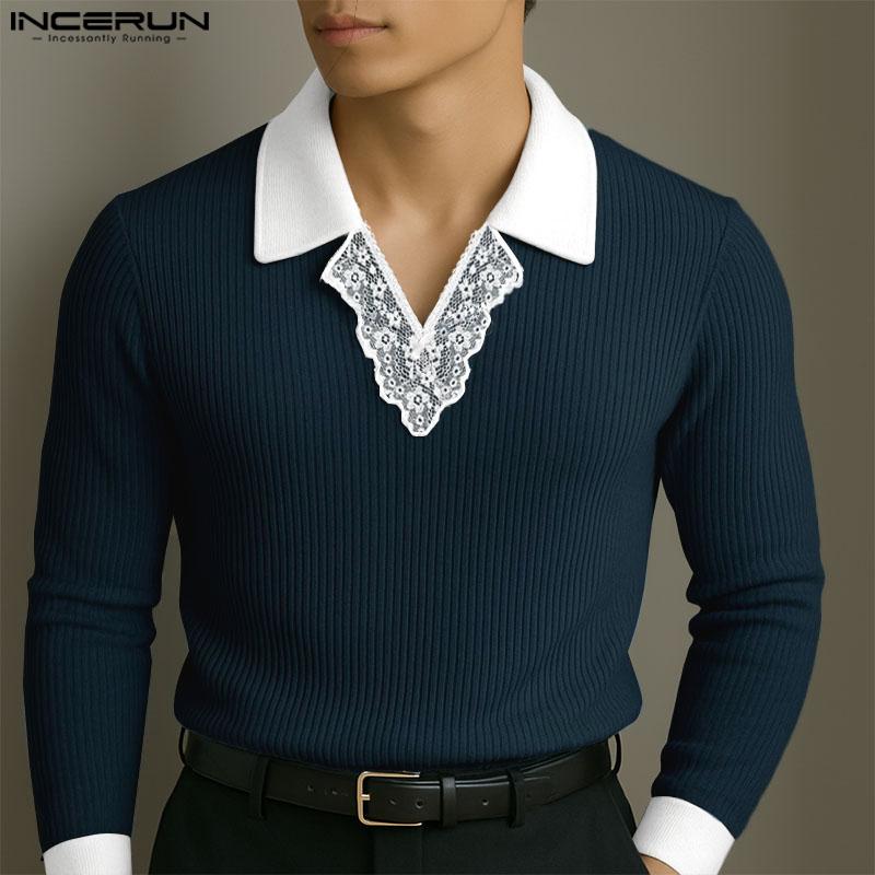INCERUN Herbst Herren Spitze Revers V-Ausschnitt Langarm Rippstrick Casual Pullover Tops