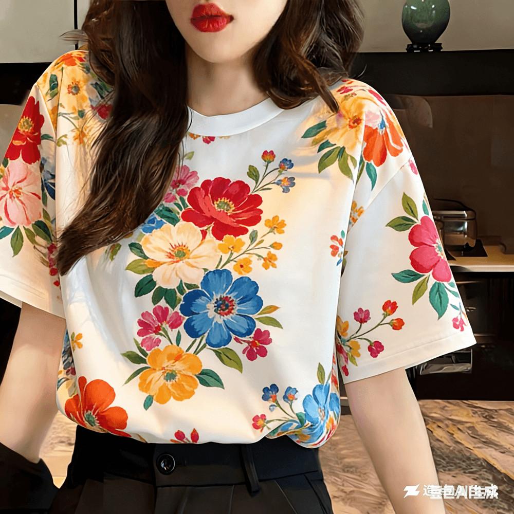 Casual Printed Flower Women’s T-Shirt - Suitable for Songkran Festival 2XS
