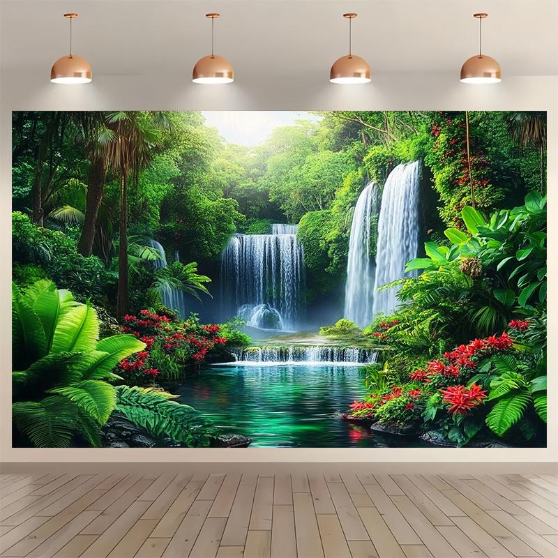 Cascade Tapestry in Rainforest - Lush Green Landscape, Wall Decoration with Natural Landscape, Serene Nature Art, Polyester 70x100cm